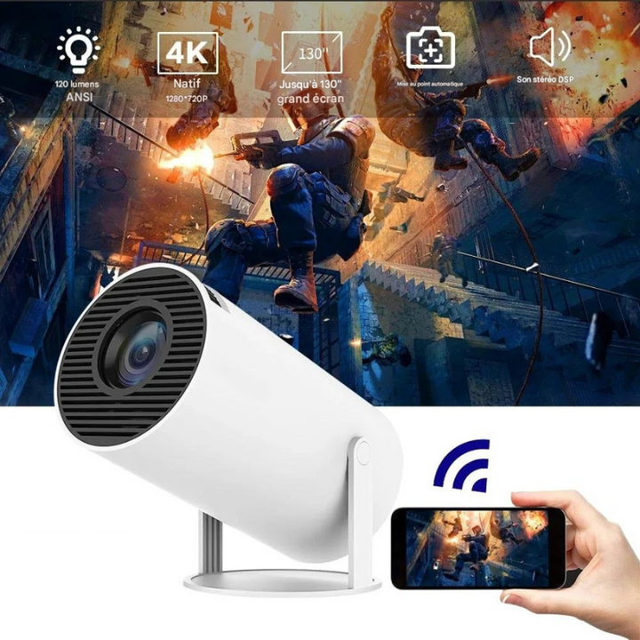 Mini projecteur 4K avec boitier Android & hauts-parleurs intégrés, connection wifi