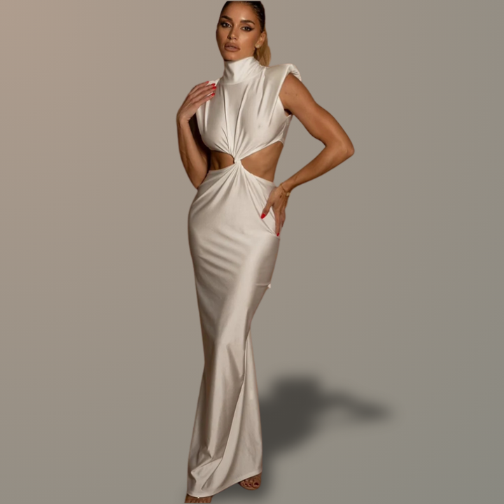 Robe chic longue en Satin Col Roulé