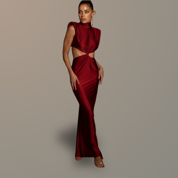 Robe chic longue en Satin Col Roulé